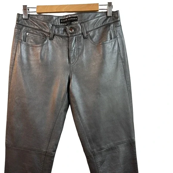Ralph Lauren Womens Silver Metallic Lamb Leather Slim Straight Pants Size 4 - Picture 2 of 7